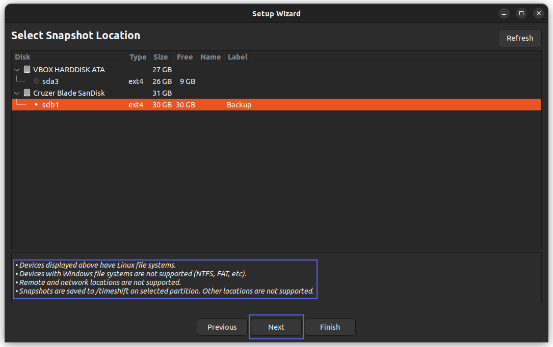 Timeshift listing various drives in the system, that can be used as a location for your backup