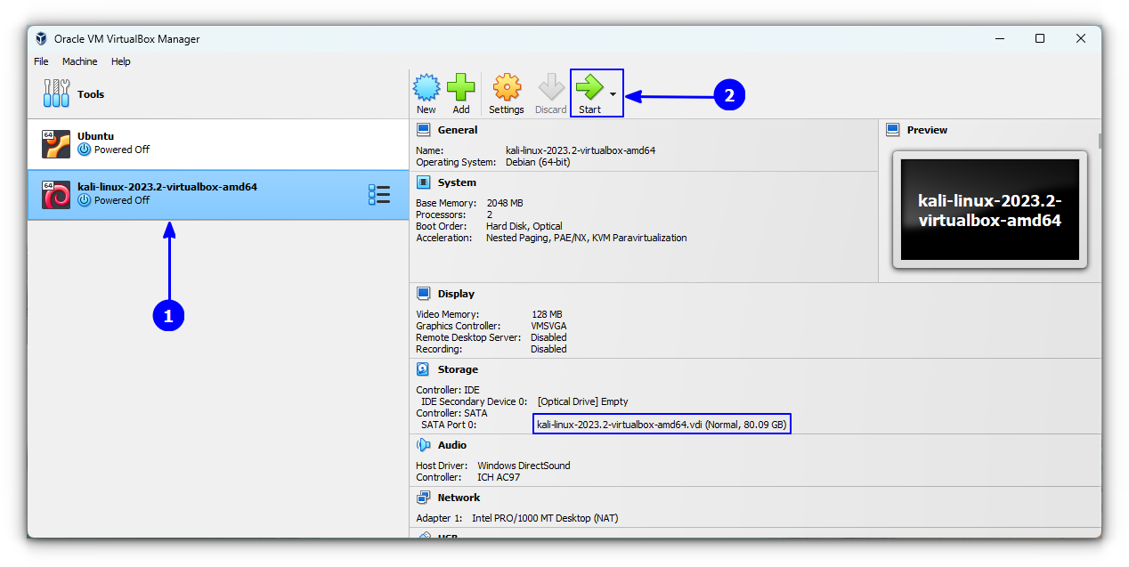 Start the Kali Linux Virtual Machine with default settings