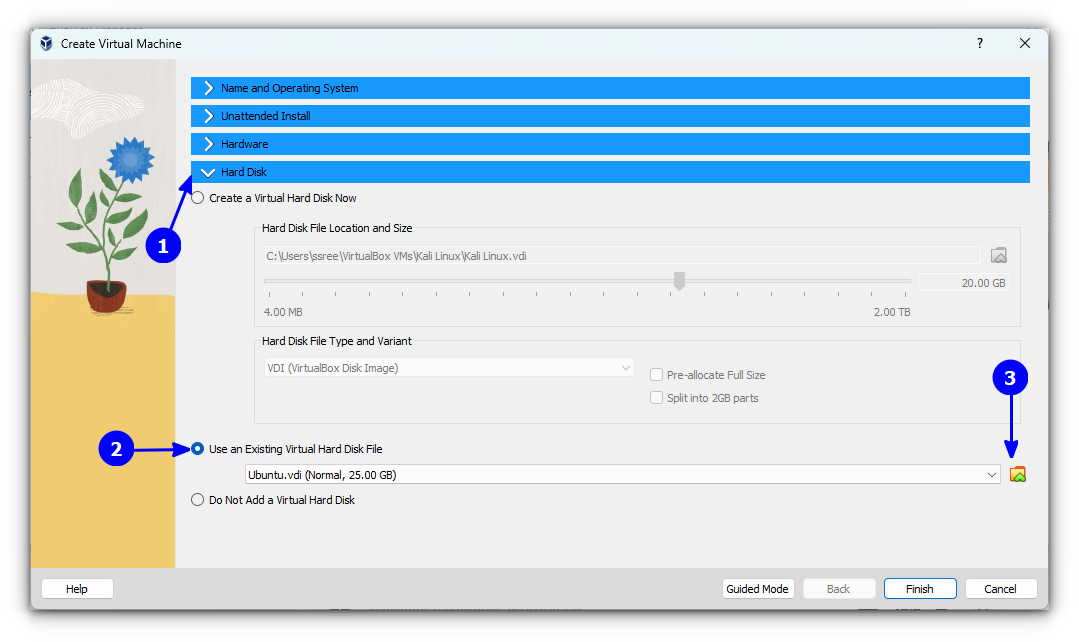 Select "Use an Existing Virtual Hard Disk File" option and browse for the .vdi file of Kali Linux, that you have extracted earlier.