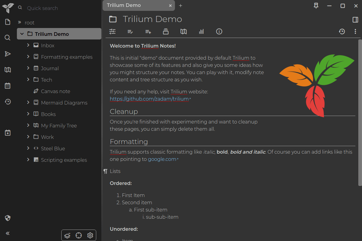 a screenshot of trilium notes