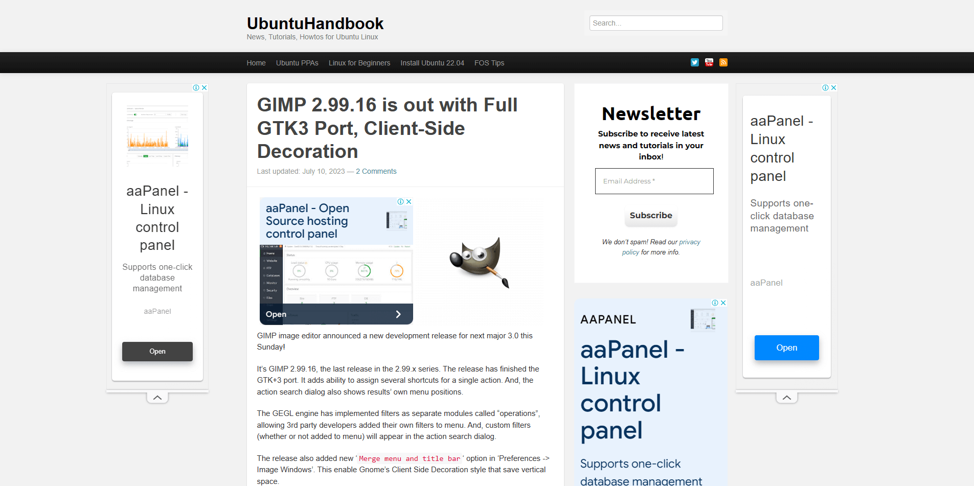 a screenshot of the ubuntuhandbook homepage