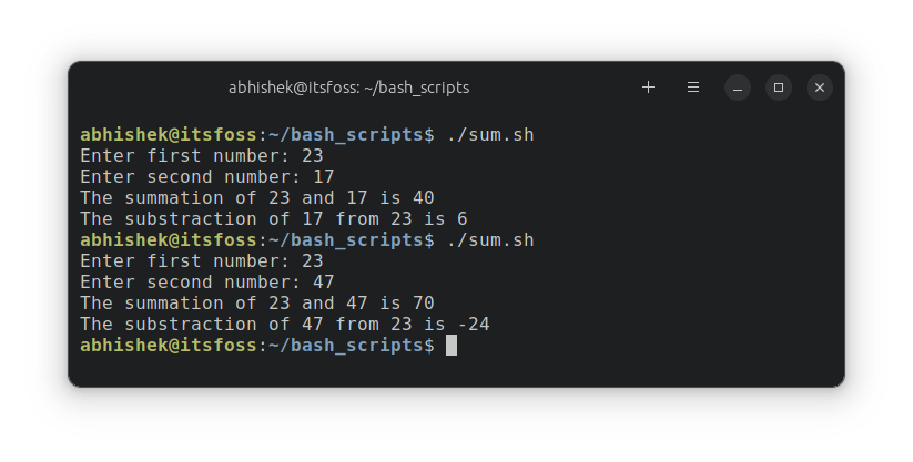 Exemple d'addition et de soustraction dans le script shell Bash