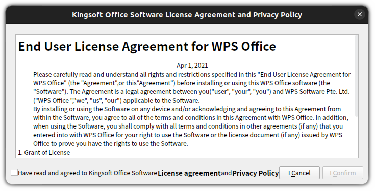 Accept terms and conditions to use WPS Office