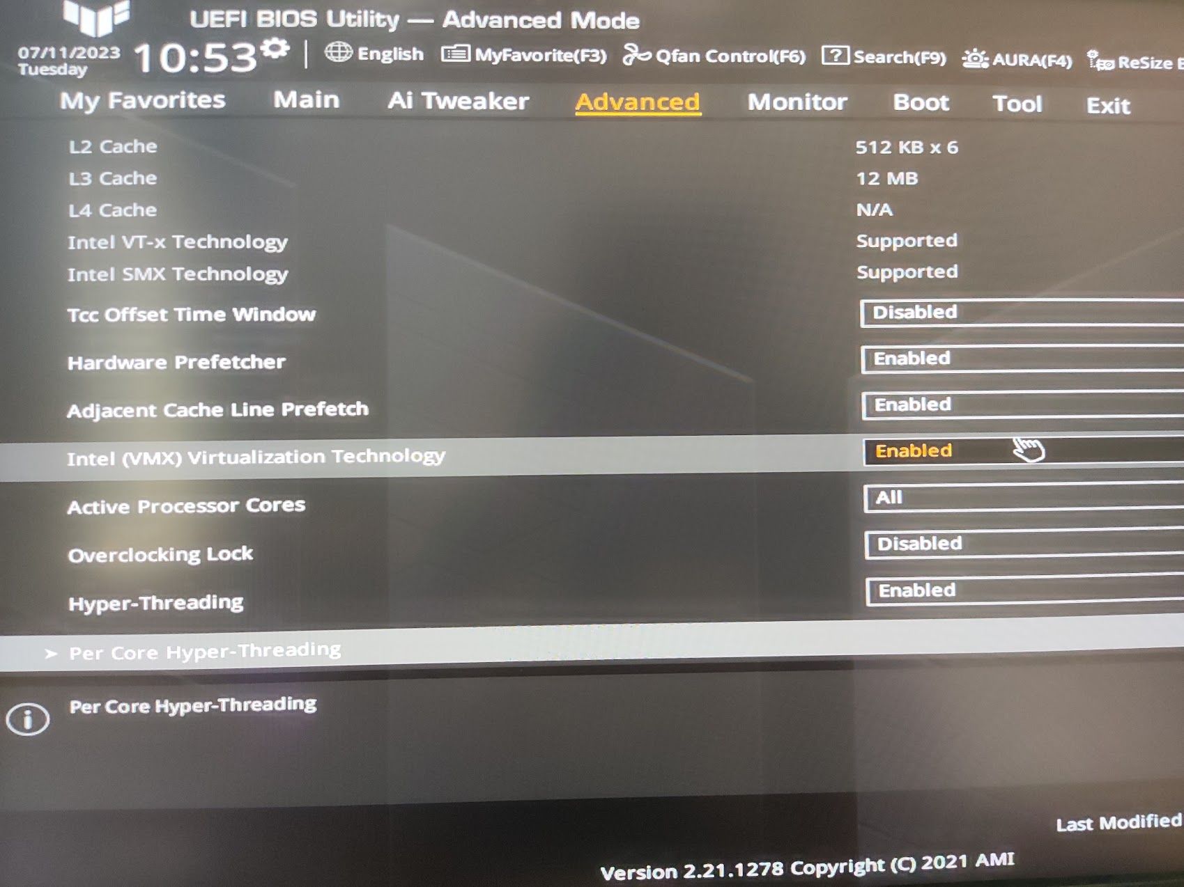 capture d'écran des paramètres du BIOS sur la carte mère Asus
