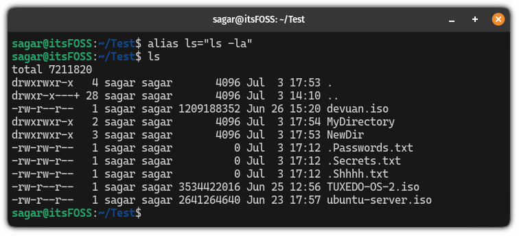 create temporary alias for the ls command