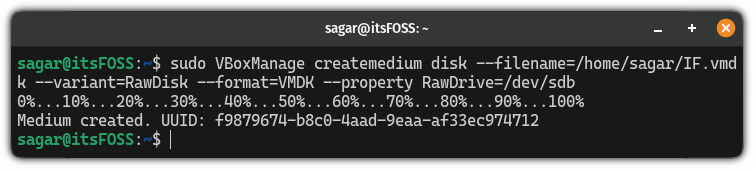 create virtual machine disk drive for virtualbox to boot from USB drive in Linux