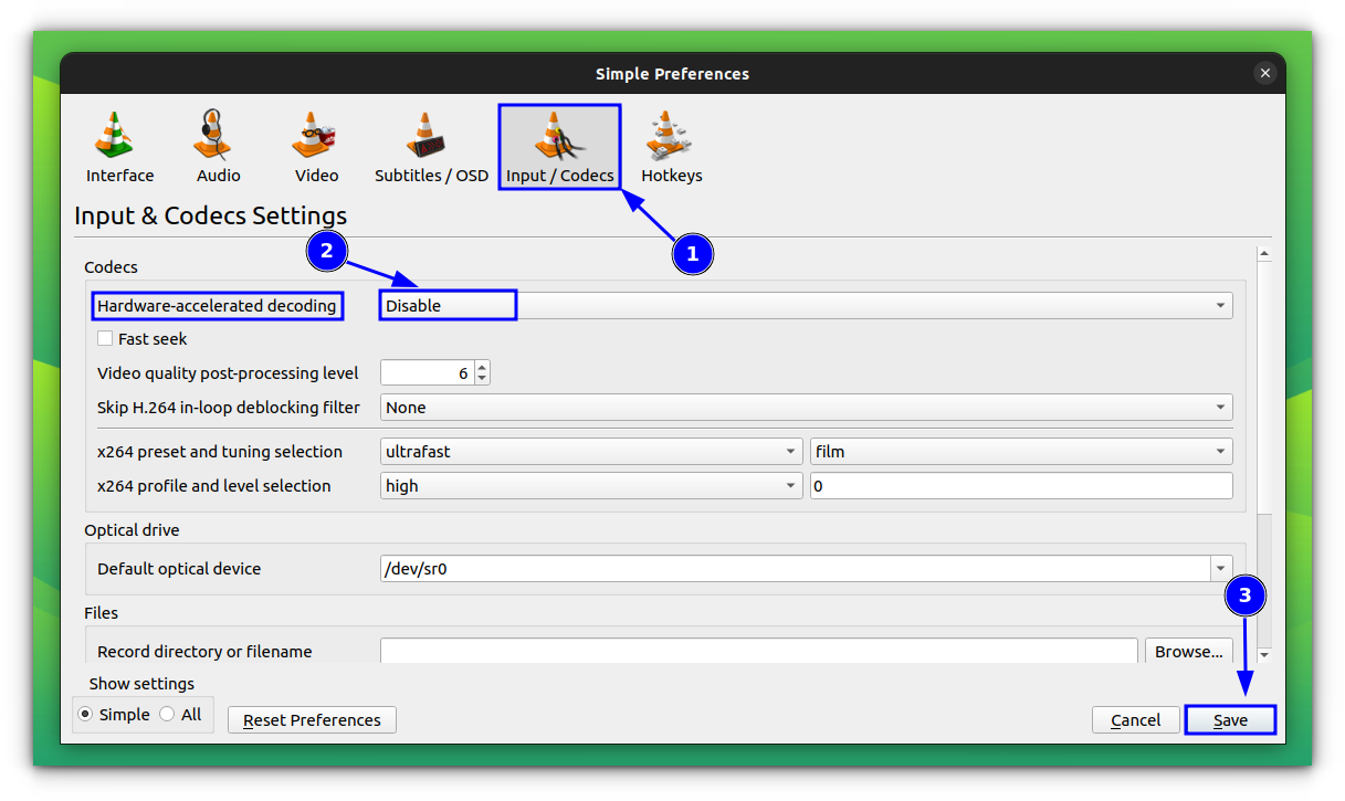 Disable Hardware Accelerated Decoding in VLC Input/Codec Settings