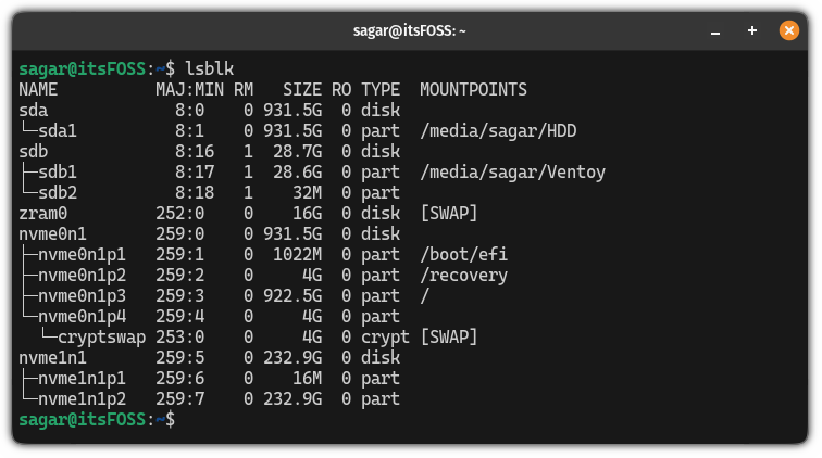 list drives in Linux using the lsblk command 