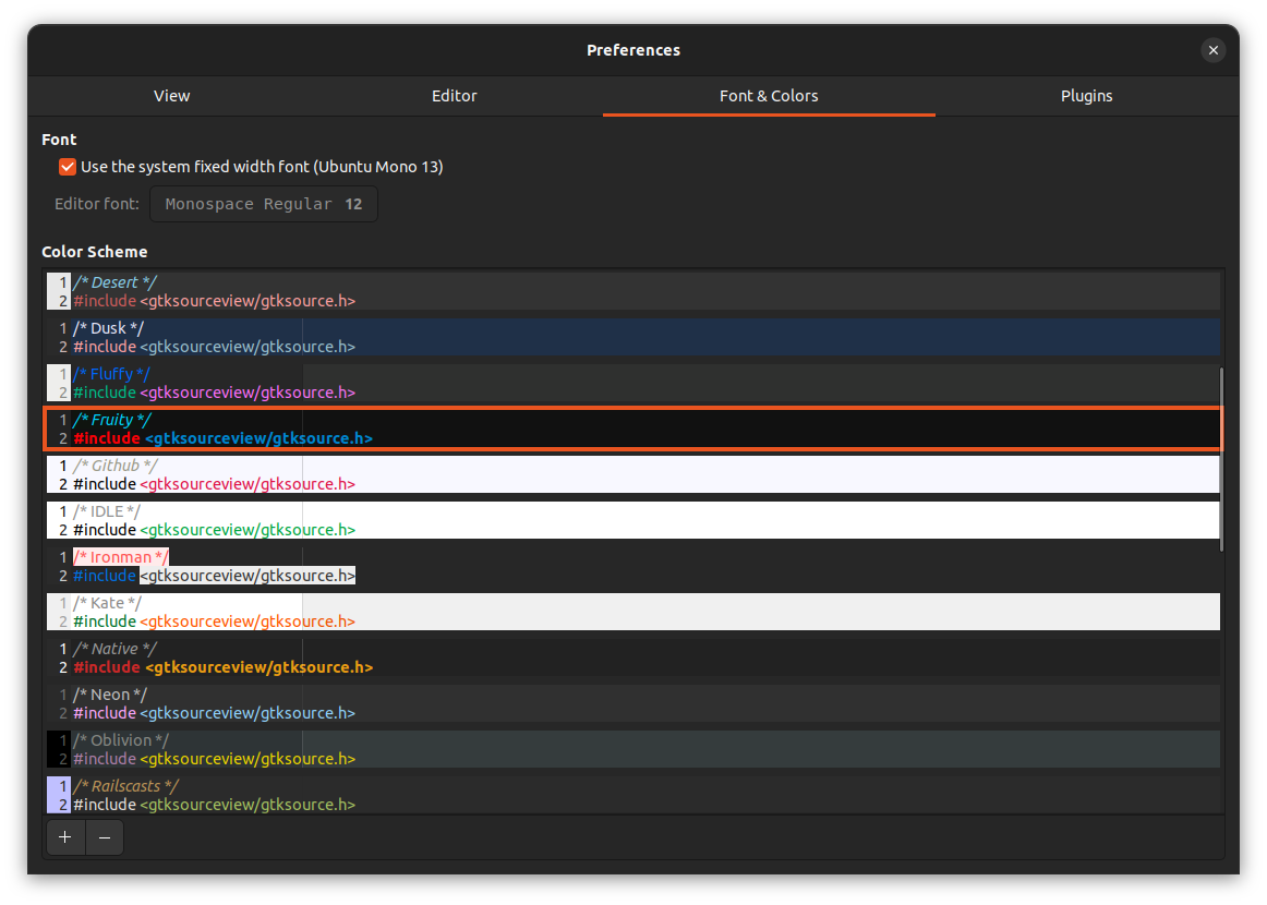 L'onglet Polices et couleurs répertorie tous les thèmes tiers installés par l'utilisateur, qui sont disponibles pour la commutation