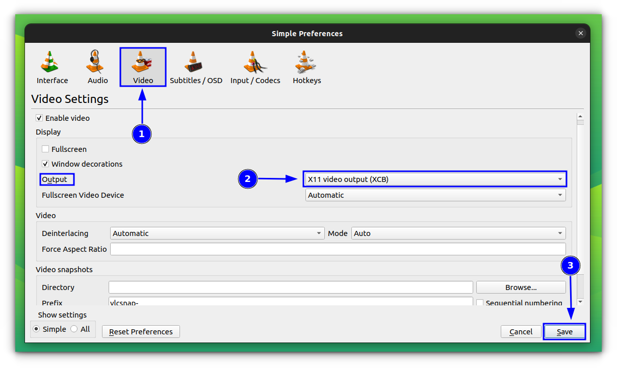 Set Output to X11 or OpenGLX in Video Settings Tab