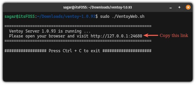 start the ventoy web script in terminal