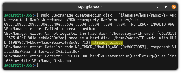 unable to create vmdk file in Linux, file already exist