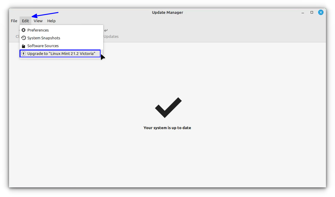 Select Upgrade to Linux Mint 21.2 from the Edit option in Update Manager