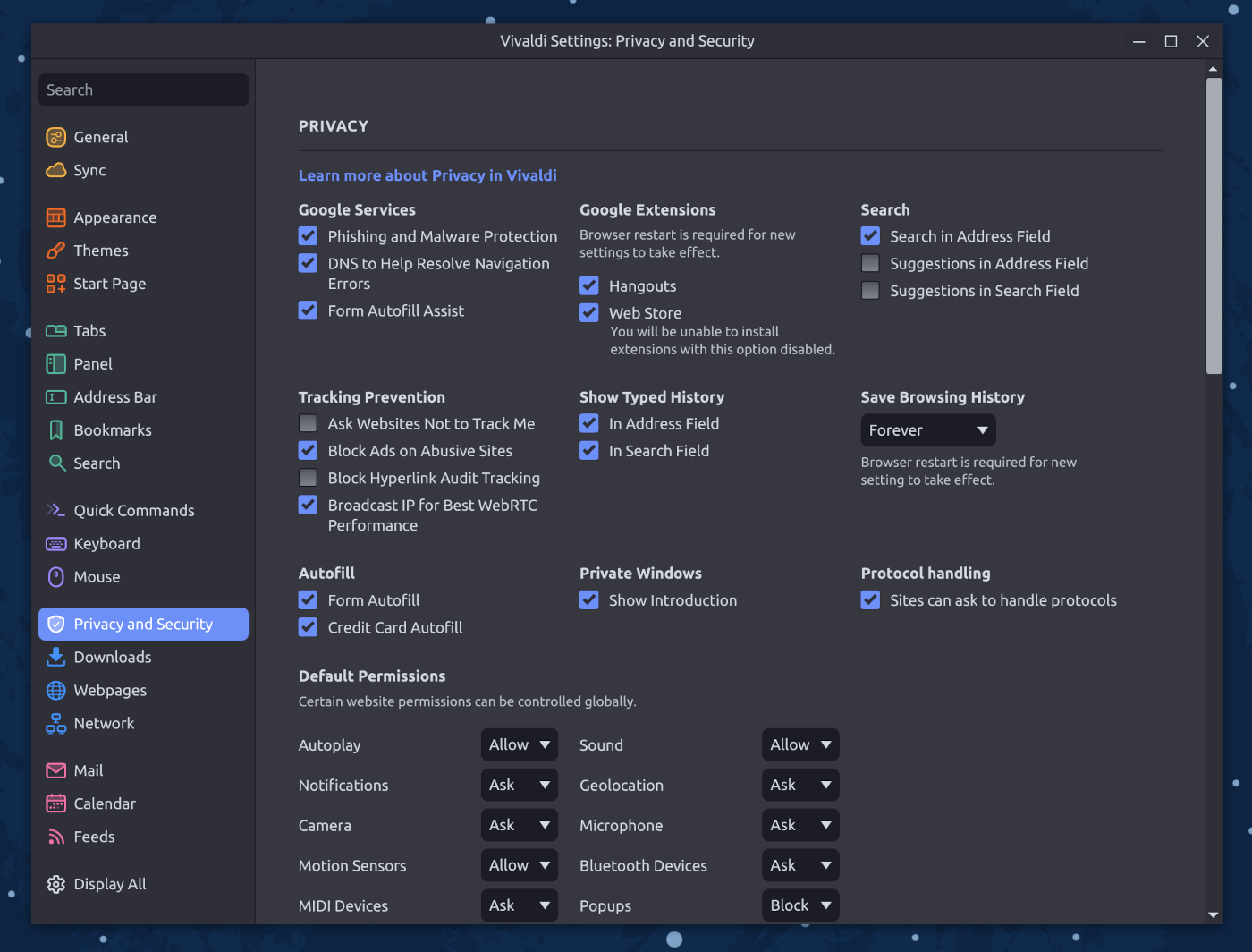 vivaldi security and privacy settings