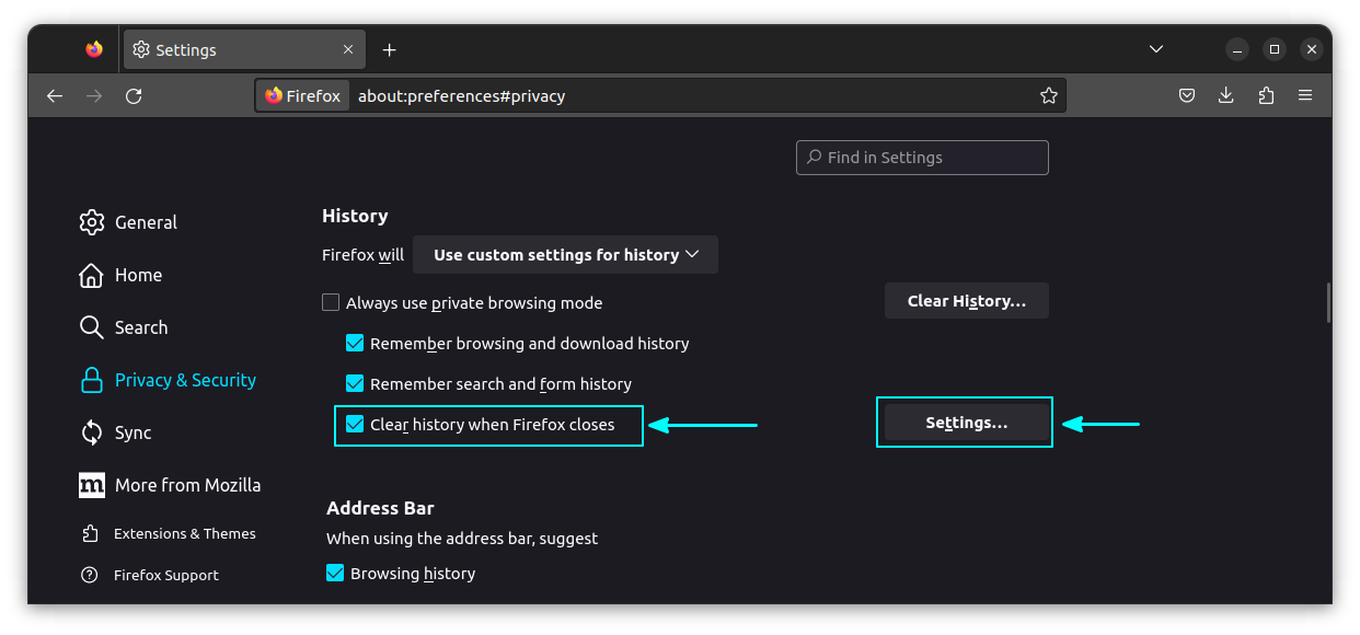 Select the "Clear History when Firefox Closes" checkbox and then click on the adjacent Settings button