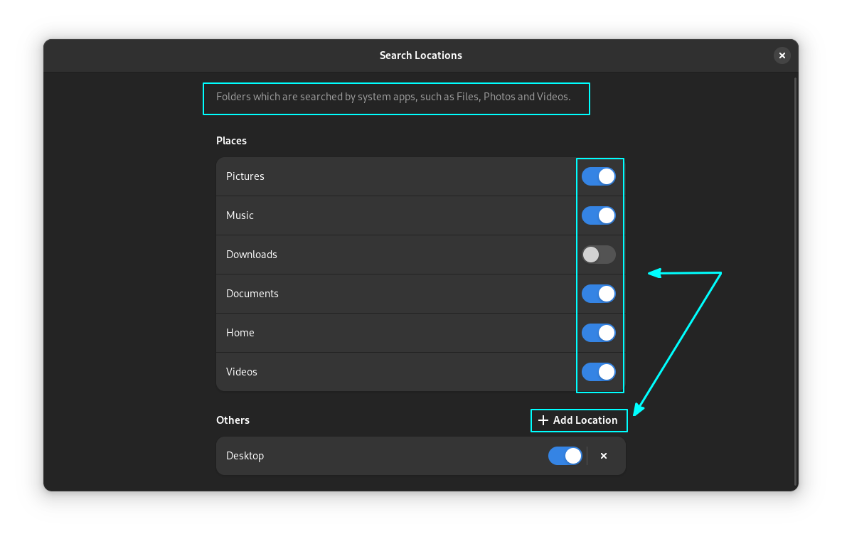 Add or Remove Locations searched by system apps such as files