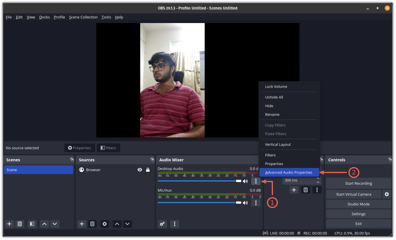 Choose advanced option to use audio from phone in Ubuntu linux using OBS