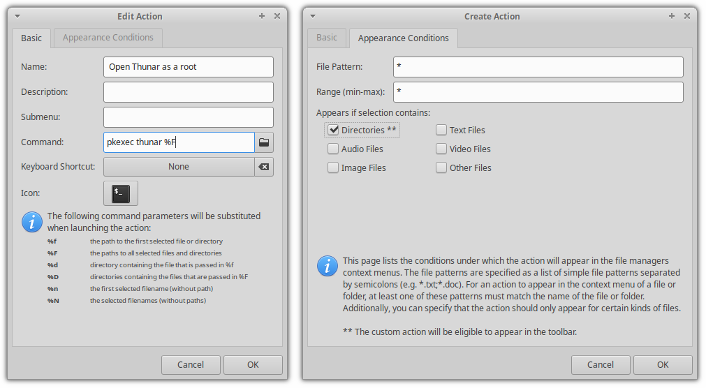 Create custom action in Thunar