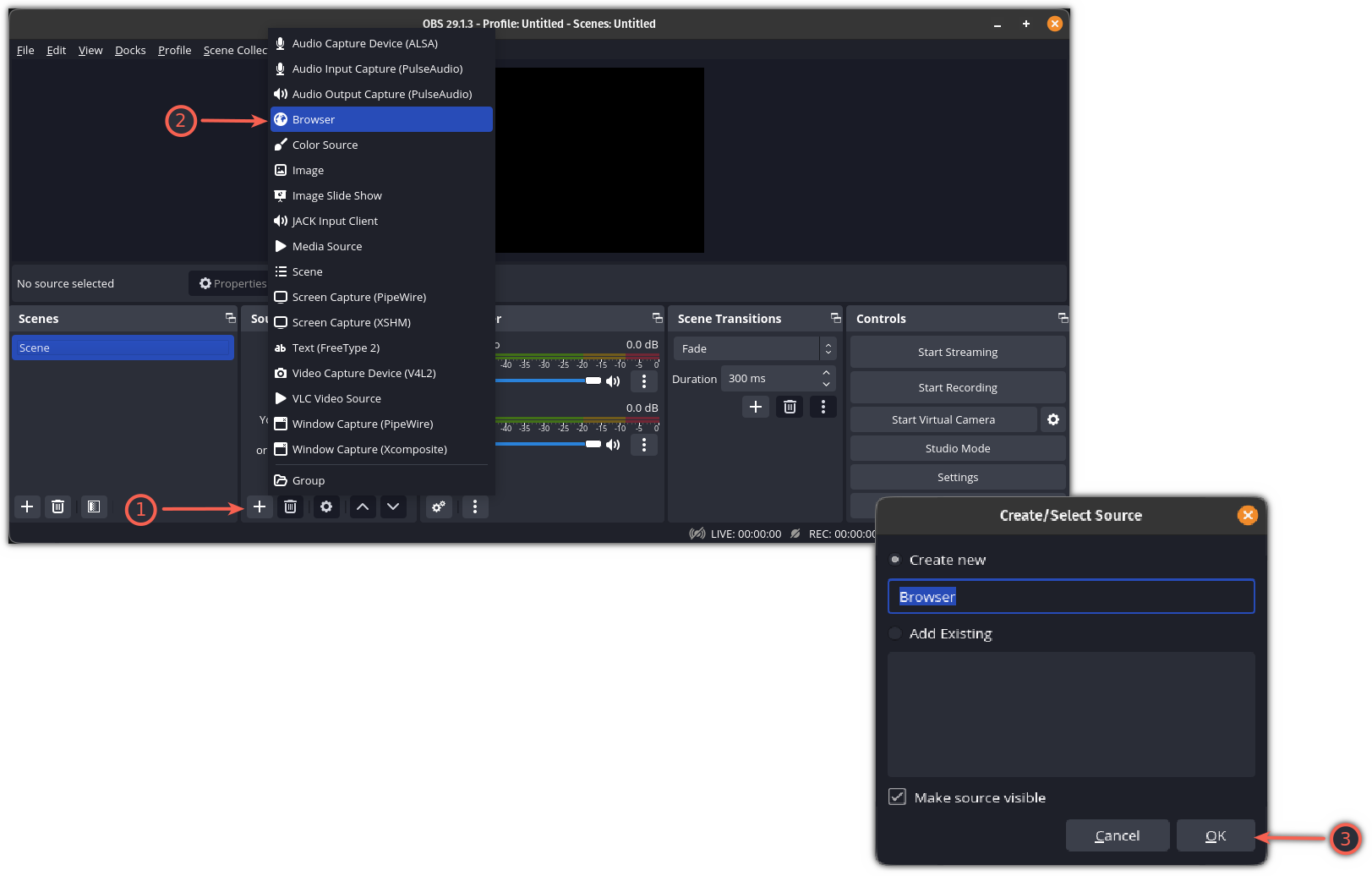 Créez une nouvelle source de streaming dans OBS pour utiliser la caméra et le micro de votre téléphone dans Ubuntu