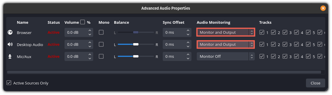 Enable monitor and output for OBS
