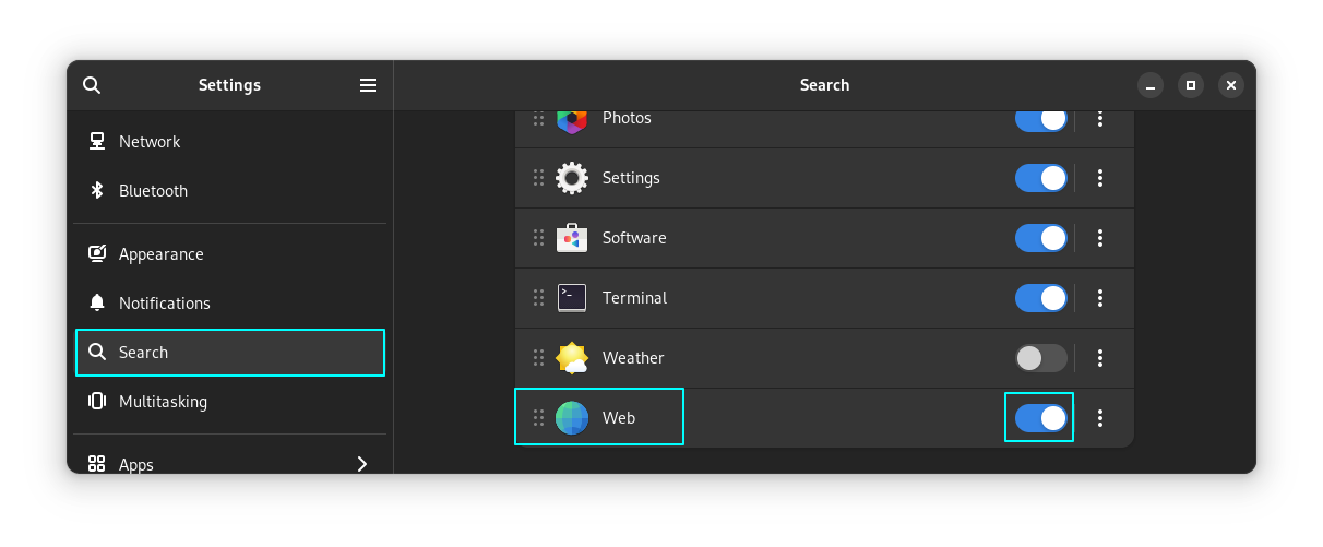 GNOME Web s listed as an entry in search settings in system settings