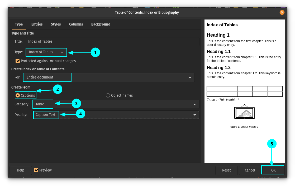 Create Table of Contents, Figures and Index of Tables in LibreOffice