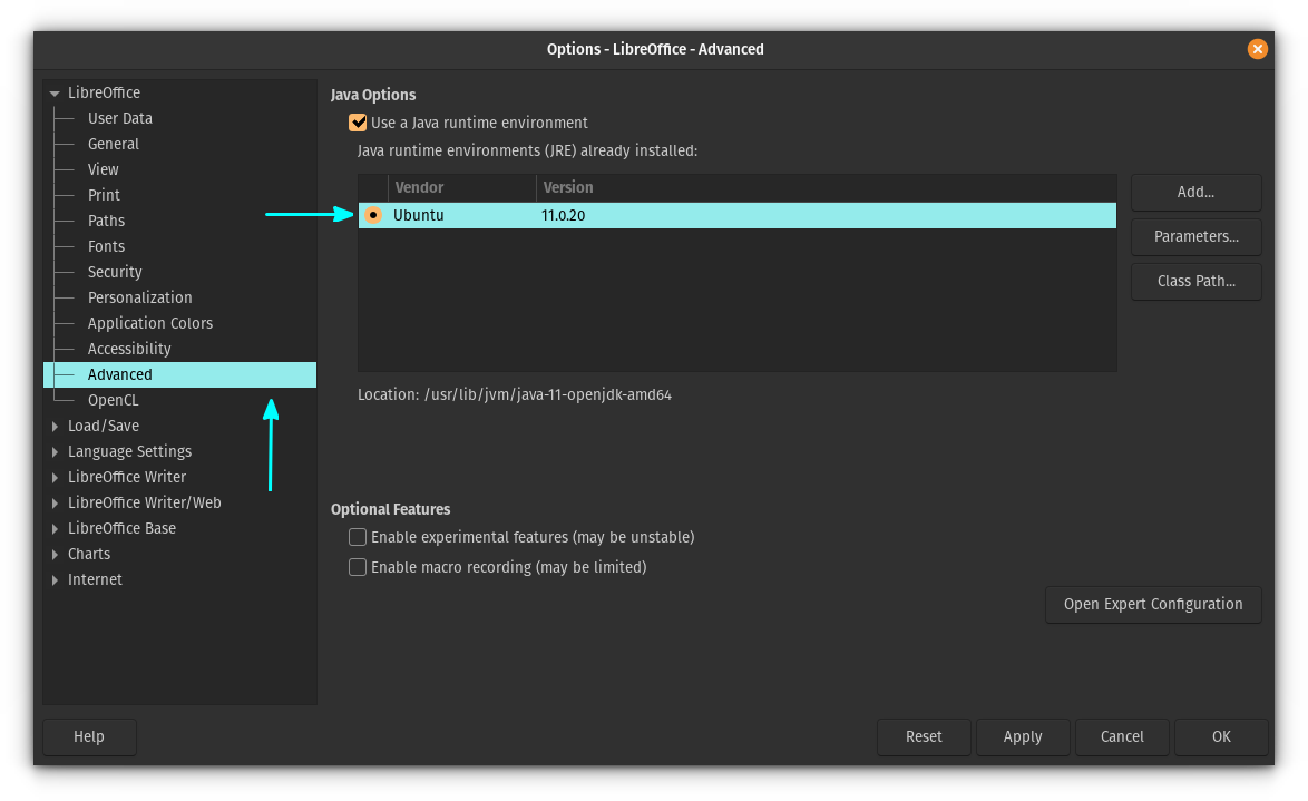 Java options in LibreOffice, visible if any runtime installed on the system.