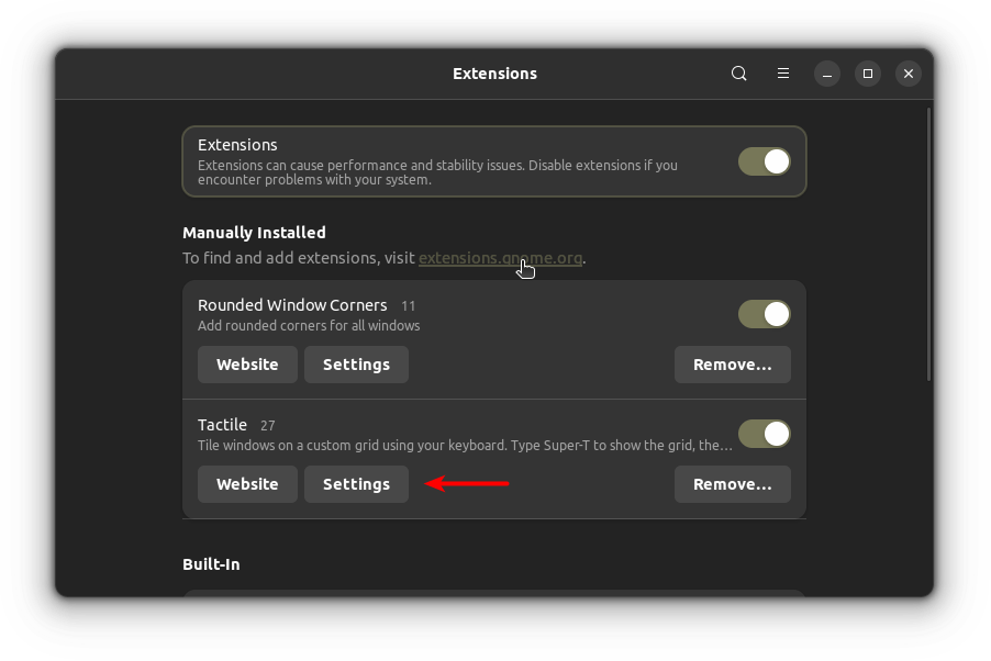 Open settings of Tactile extension