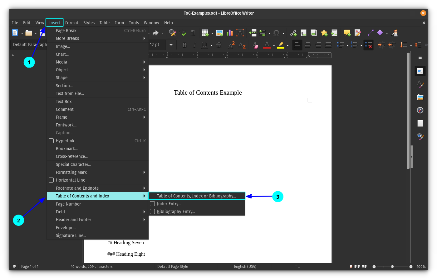 Create Table of Contents, Figures and Index of Tables in LibreOffice