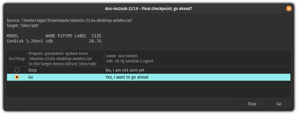 Select go ahead option in mkusb to create persistent USB drive