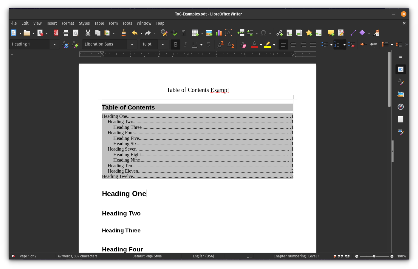 Viewing a Simpe Table of Contents in Libre Office Writer