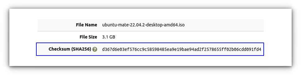 Checksum value for Ubuntu Mate 22.04.2, provided on the official website