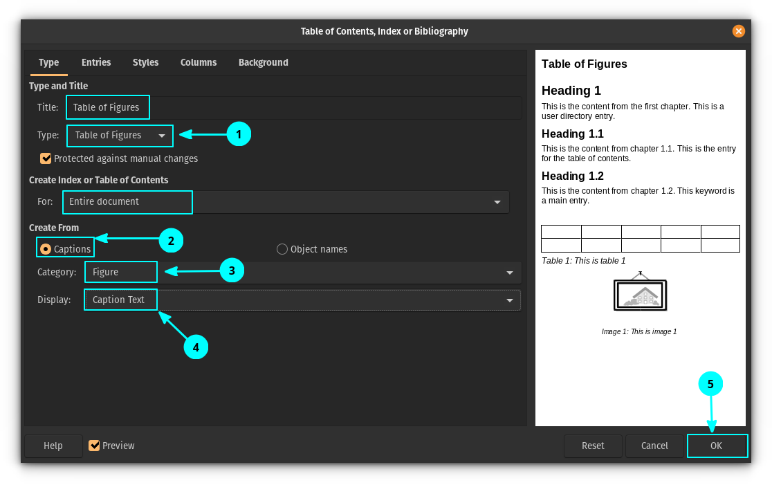 Create Table of Contents, Figures and Index of Tables in LibreOffice