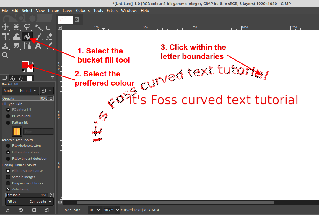 Add color in curved text in GIMP