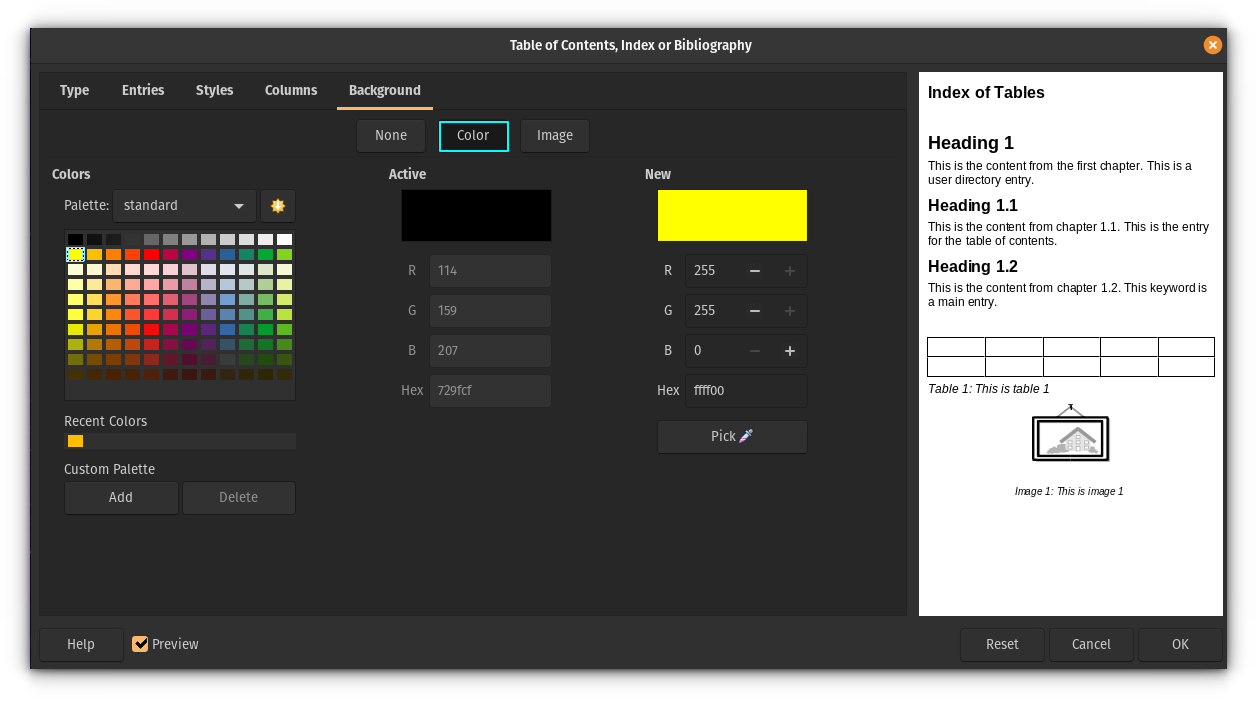 Settings to add a background color to Table of Contnets block