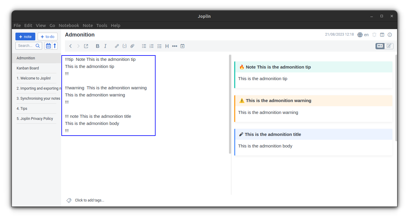 Adding Admonition in Joplin. Separate blocks for units like tips, warnings, etc.