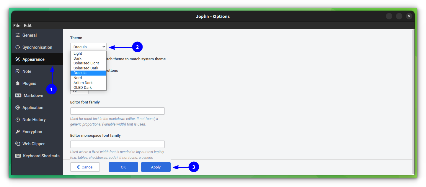 Apply default themes in Joplin