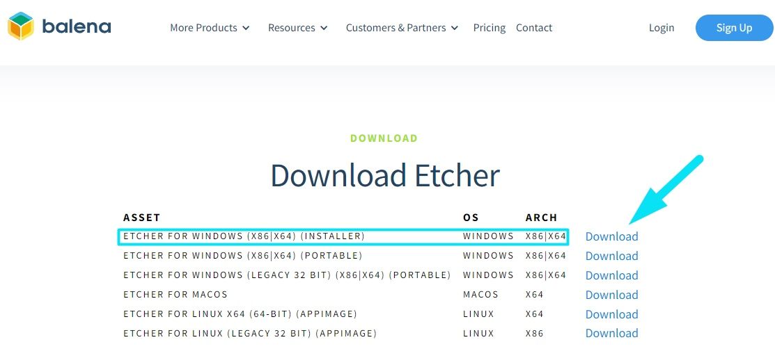 Екранна снимка на страница за изтегляне на balena etcher