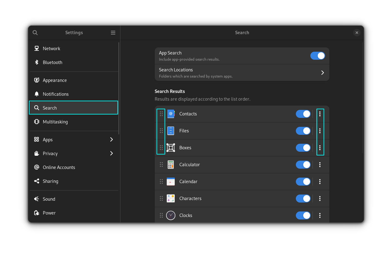 Buttons and Handles to arrange items in search view inside system settings