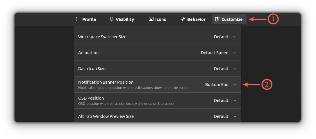 modifier l'emplacement de la fenêtre contextuelle de notification dans GNOME