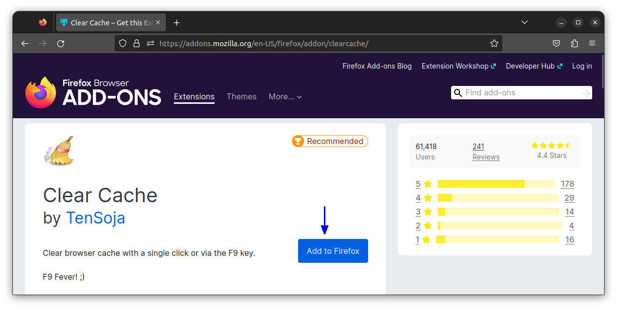 Click on the "Add to Firefox" button to add the Clear Cache extension to your Firefox browser