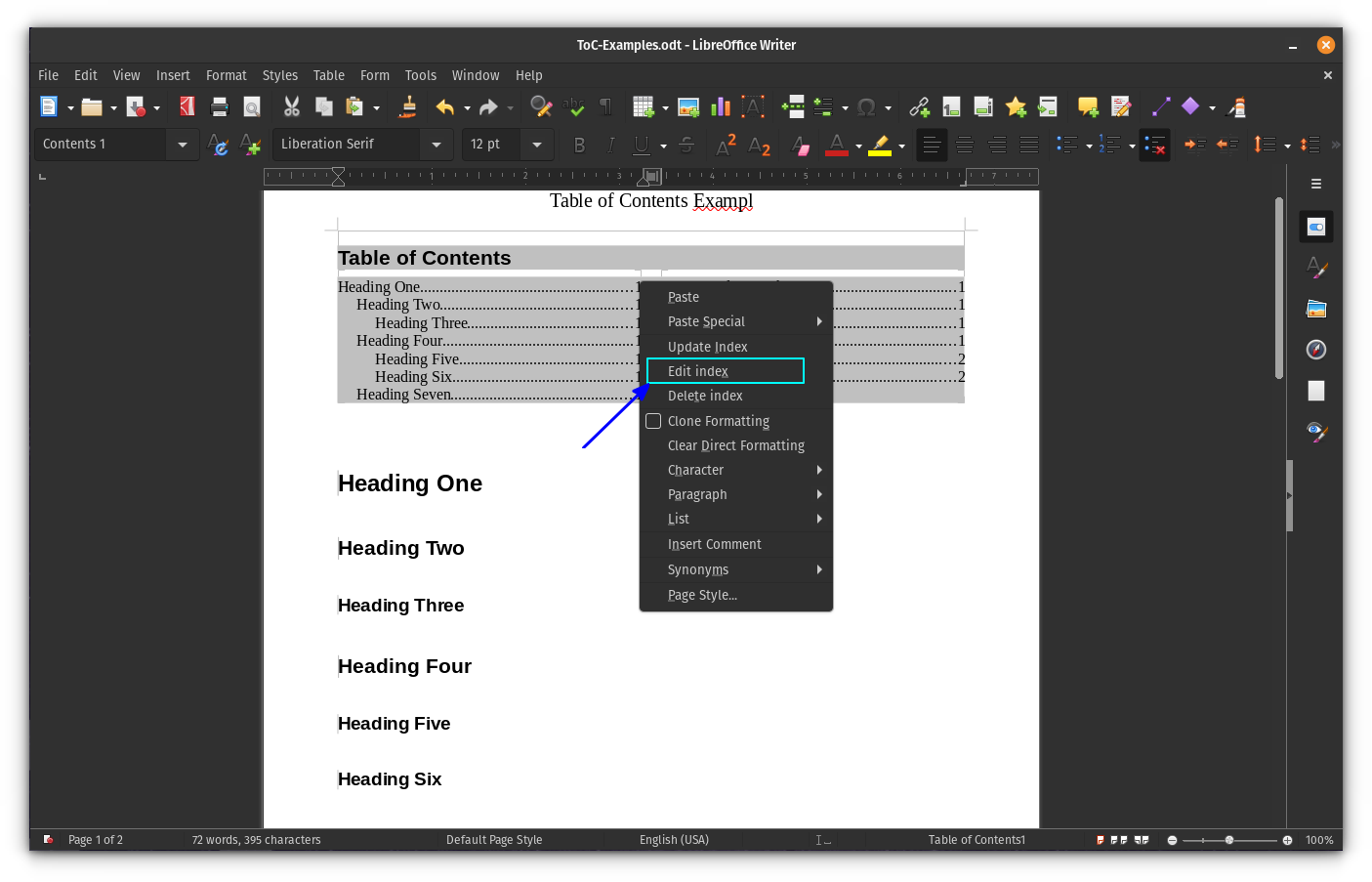 Right click on the Table of Contents and click on "Edit Index" button to edit an existing table of contents block