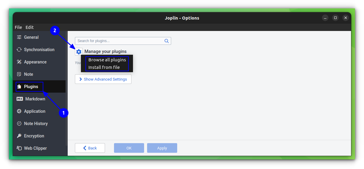 Click on the Manage Plugin Gear icon on Plugins section under Joplin Preferences options