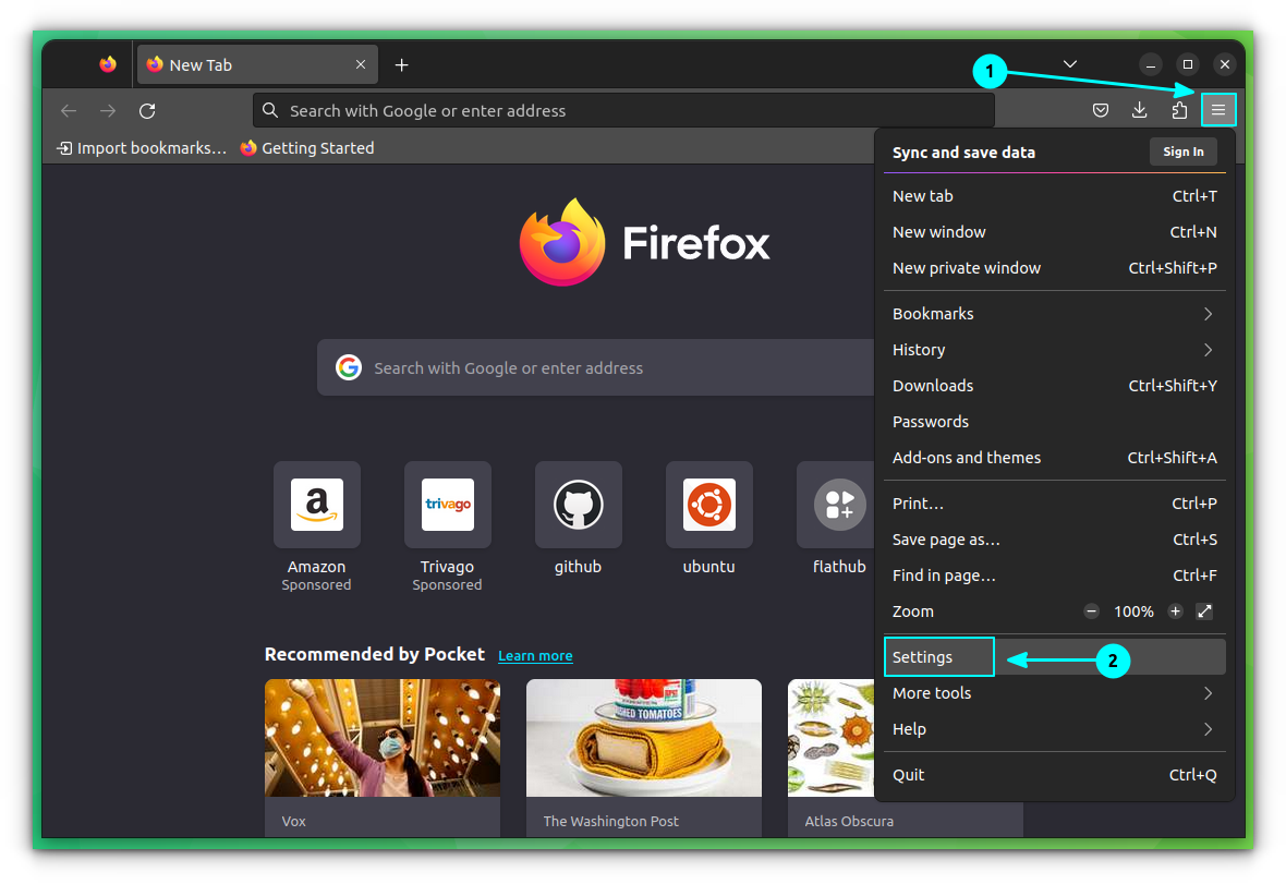 Click on Settings in Firefox hamburger menu on the top right