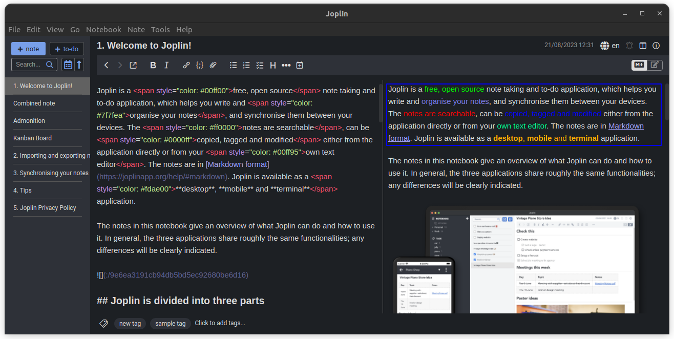 A note where various colors are used to highlight different parts of a note text