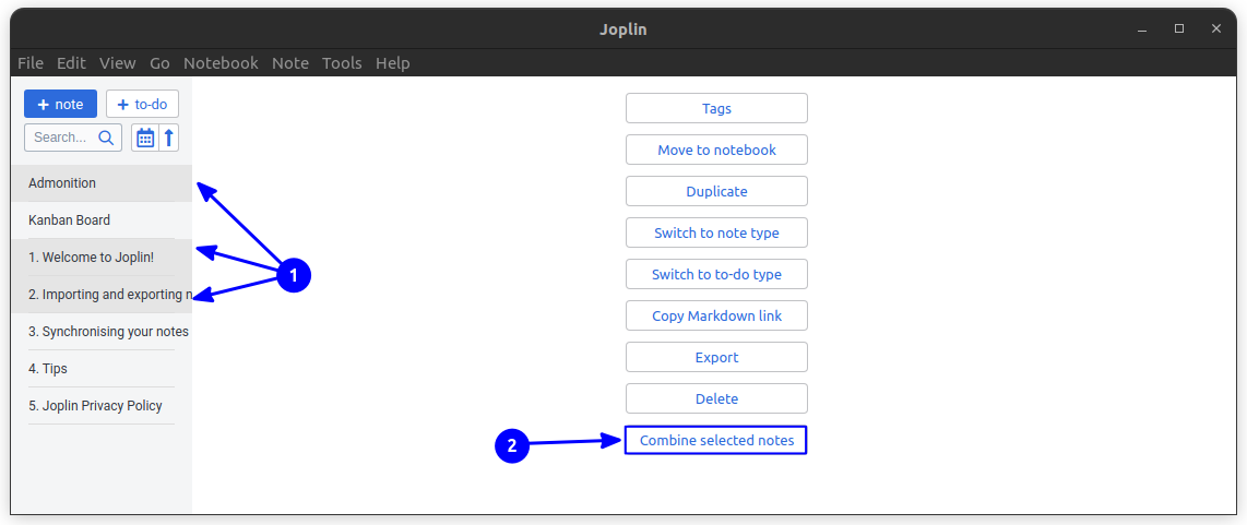 Combine multiple notes into one using Joplin plugin