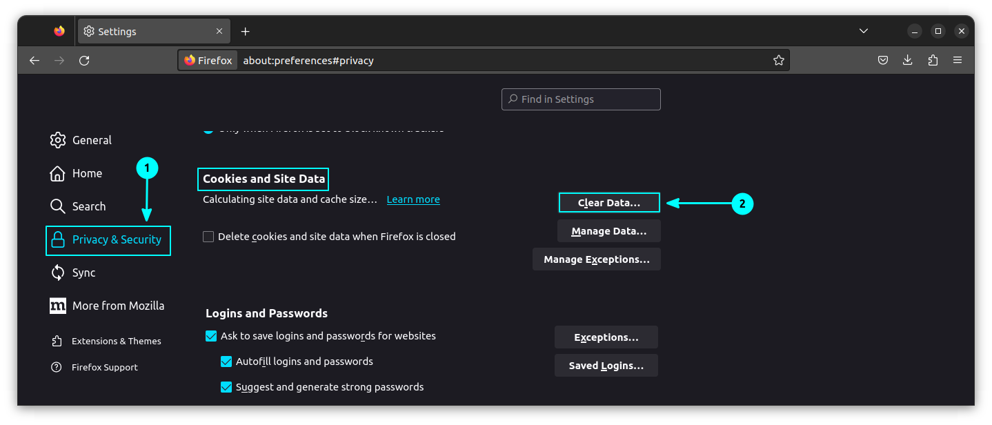 Click on CLear Data button on the "Cookies and Site Data" settings under the Privacy and Security Tab of Firefox settings