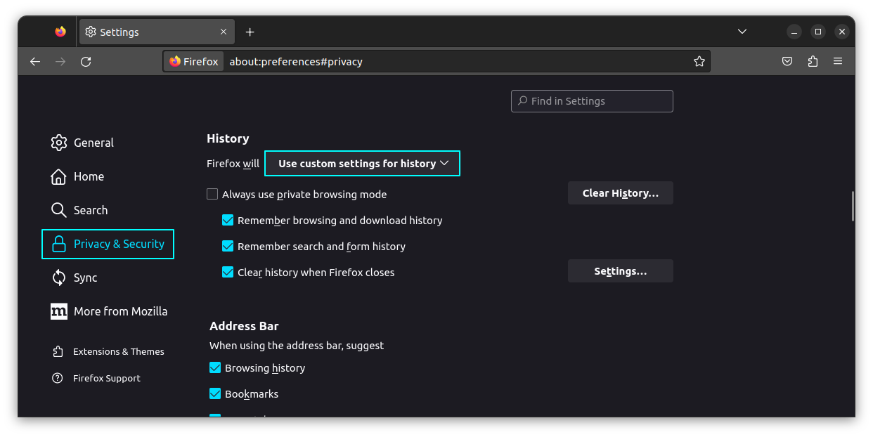Select Custom Settings for History from the drop-down menu in Privacy and Security Section