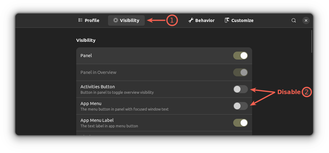 désactiver le menu Activités et applications d'Ubuntu GNOME