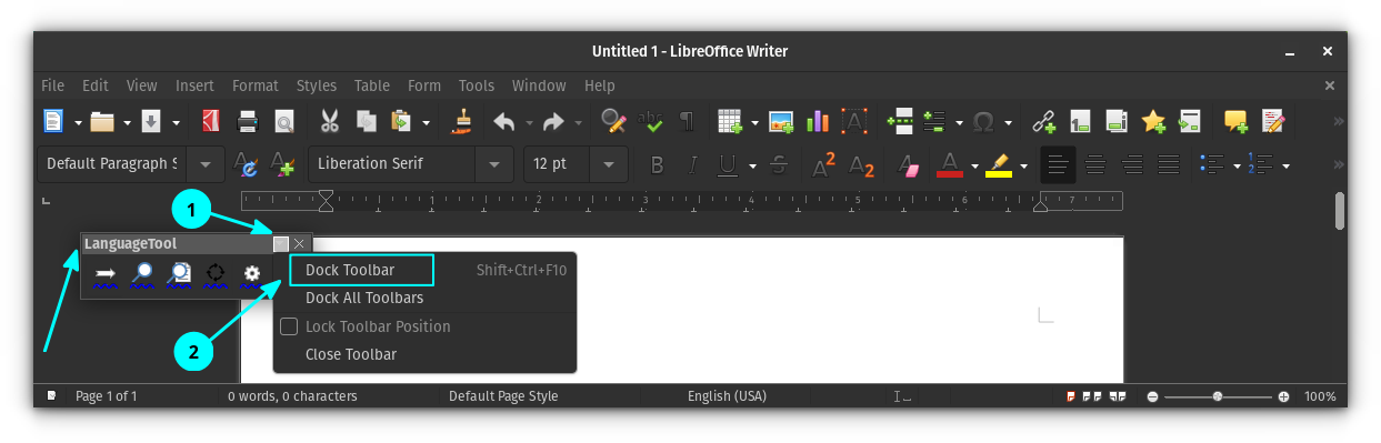 Ancrez la barre d'outils LanguageTool flottante à la barre d'outils principale de LibreOffice
